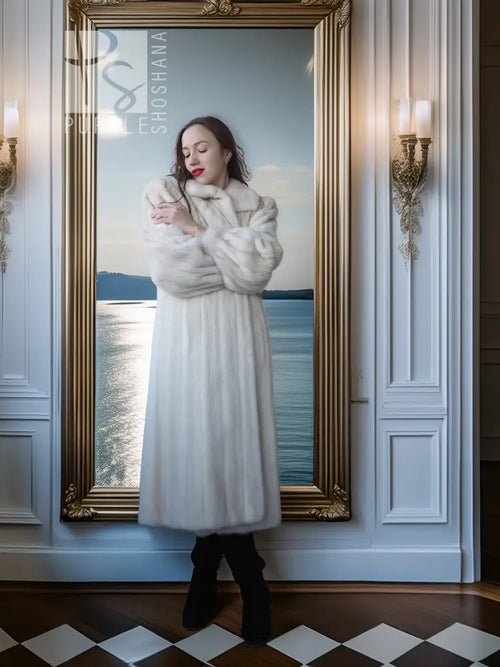 Ivory mink fur coat with shawl collar, straight long silhouette
