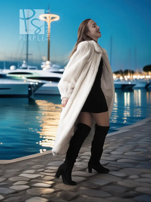 Ivory mink fur coat with shawl collar and long straight cut, full length