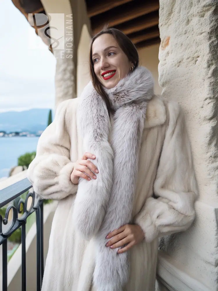 Ivory mink fur coat with high collar and textured fur, close side portrait