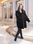 Vintage mink swing coat in dark brown, front view with open neckline and swing hem