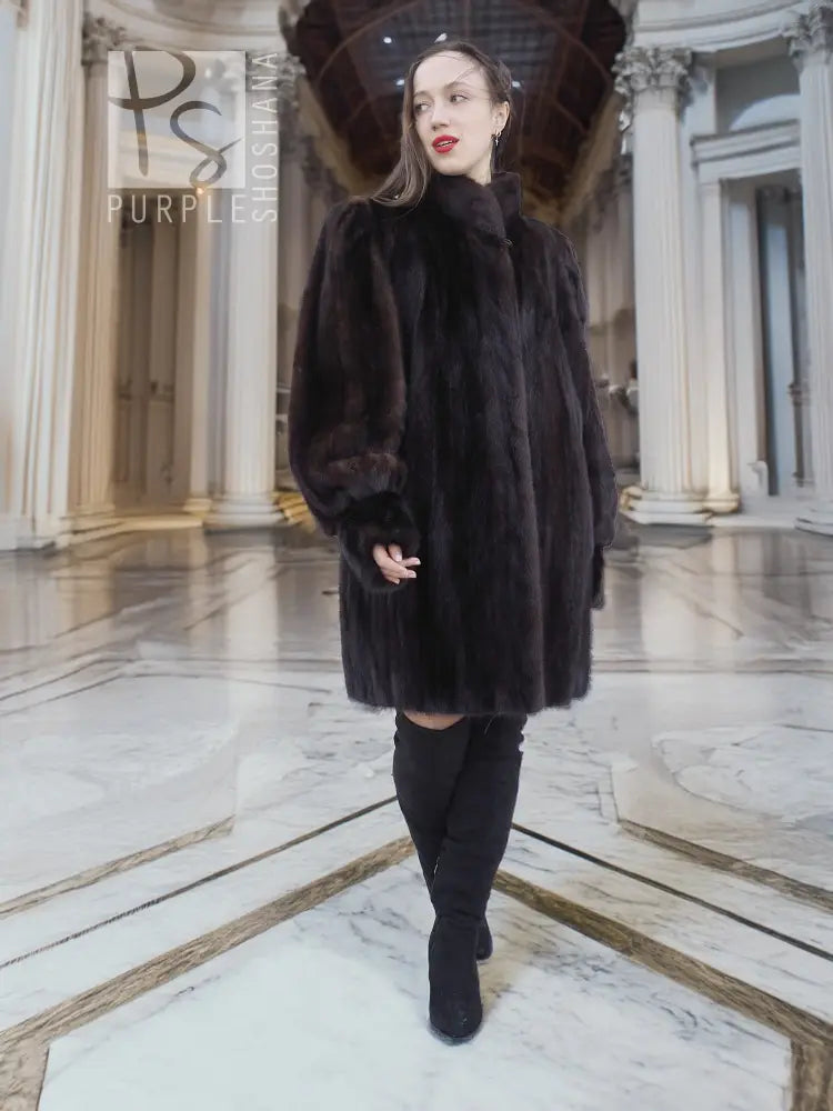 Vintage mink swing coat in dark brown, full sleeves and relaxed front silhouette