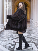 Vintage mink swing coat in dark brown, side profile with broad fur collar and hem