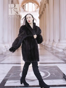 Vintage mink swing coat, dark fur, open front, long sleeves, full body stance