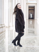 Vintage mink swing coat in dark brown, standing front view with long sleeves