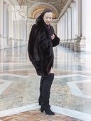 Vintage mink swing coat in dark brown, side view with voluminous collar and hem