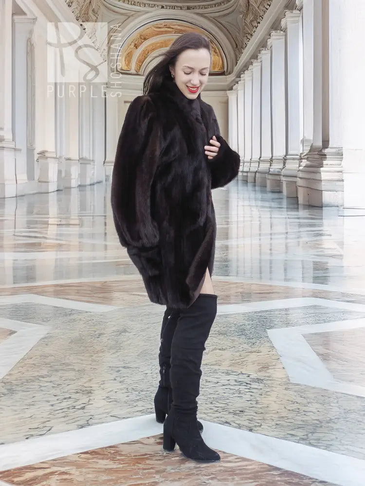 Vintage mink swing coat in dark brown, side view with voluminous collar and hem