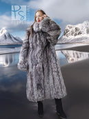 Silver fox fur coat, full length, thick collar and gray-and-white fur texture, hands raised