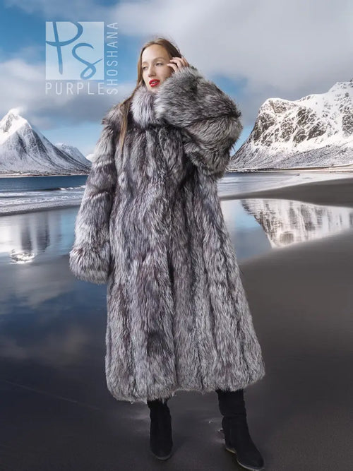 Silver fox fur coat, full length, thick collar and gray-and-white fur texture, hands raised