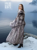 Long silver fox fur coat with wide sleeves and gray-and-white speckled pattern, standing