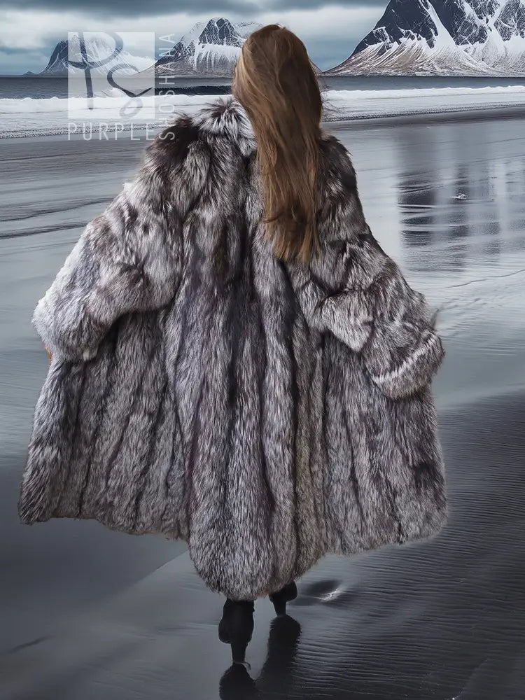 Gray faux fur long coat viewed from the back, with wide collar and long sleeves.
