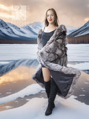 Silver fox fur full-length coat with wide sleeves, styled over black dress and boots