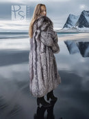 Gray faux fur long coat with hooded look and button-front, side profile view.