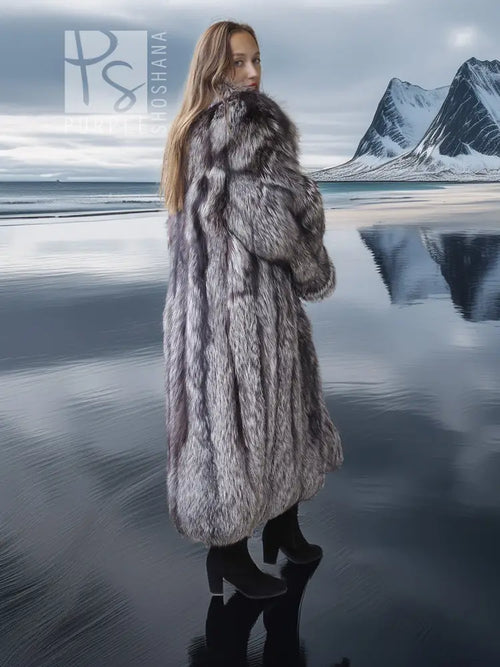 Gray faux fur long coat with hooded look and button-front, side profile view.