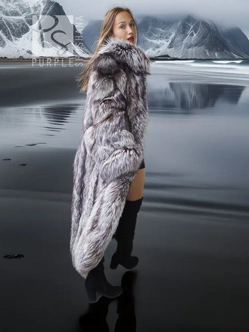 Silver fox fur coat, draped styling detail, worn with black top and tall boots