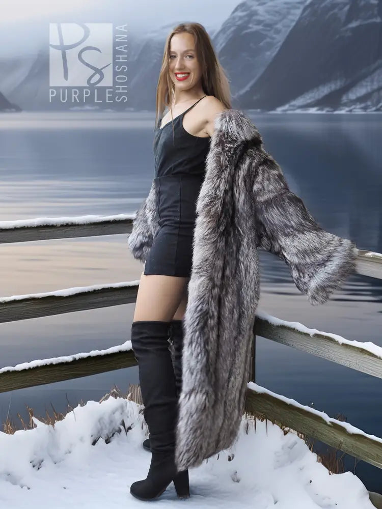 Silver fox fur full-length coat with open front, styled with black dress and boots
