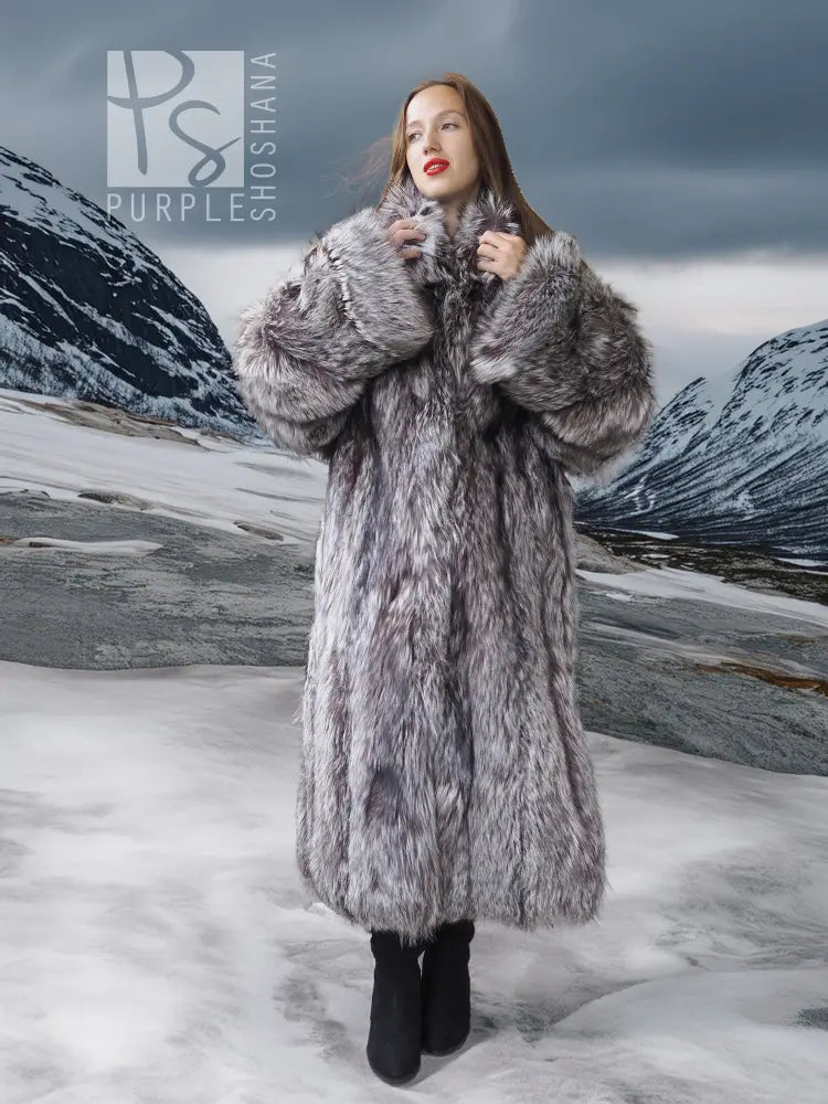 Full-length silver fox fur coat with thick fur collar, gray-and-white striped look