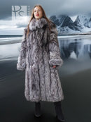 Gray faux fur long coat with layered texture and wide collar, front view.