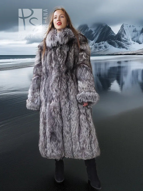 Gray faux fur long coat with layered texture and wide collar, front view.