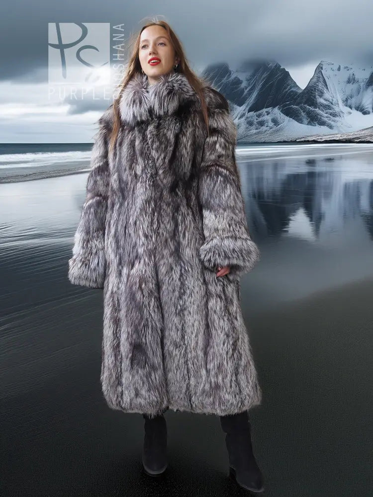 Gray faux fur long coat with layered texture and wide collar, front view.