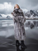Gray faux fur long coat with large textured collar and button-front, front view.