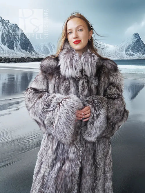 Front view of full-length silver fox fur coat with wide shoulder fur and gray-and-white pattern