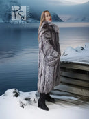 Silver fox fur long coat with open front, worn with black boots and stockings