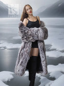 Silver fox fur wrap-style coat with gray-and-white fur texture, open front over black base
