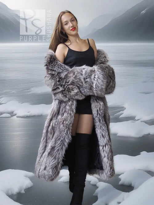 Silver fox fur wrap-style coat with gray-and-white fur texture, open front over black base