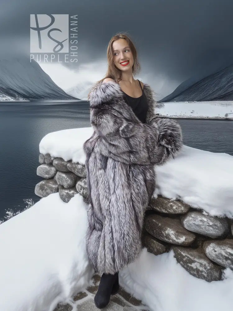 Silver fox fur full-length coat with tiered front panels, worn with black boots