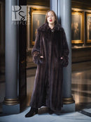 Dark mink fur coat with button detail and voluminous sleeves, long length