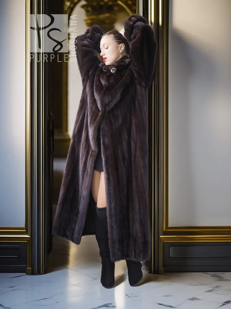 Dark mink coat with wide sleeves and high plush collar, open side view