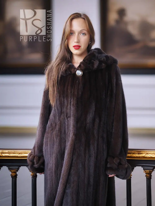 Front view dark mink fur coat with round button at collar and long hem