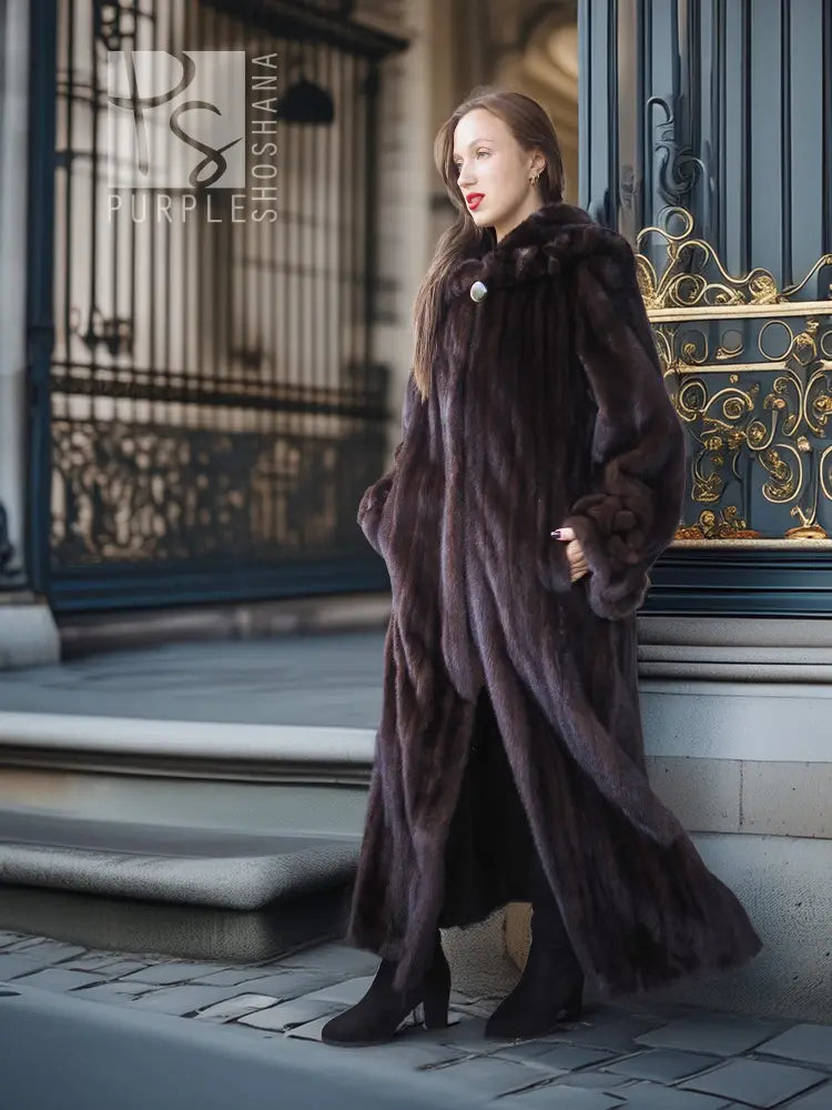 Dark mink fur coat with plush collar, long sleeves, and side-slit hem, front view