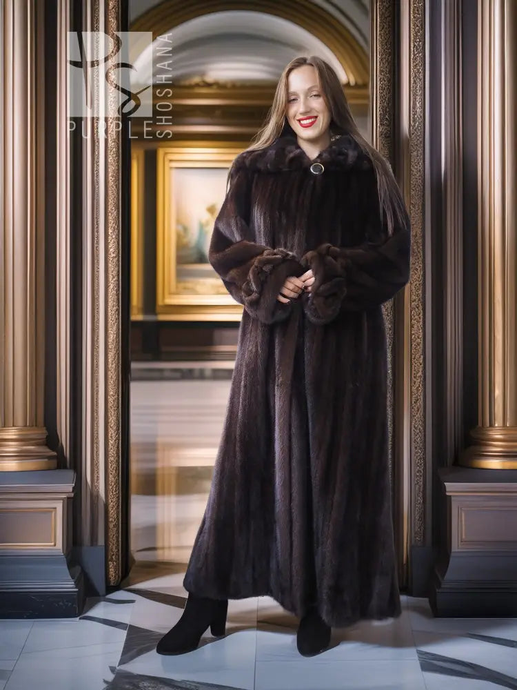 Dark mink fur coat with round collar button and full skirt, long length
