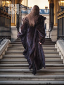 Back view dark mink coat with side slits and plush collar, long length