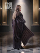 Mahogany mink fur coat, hooded collar and long sleeves, side view