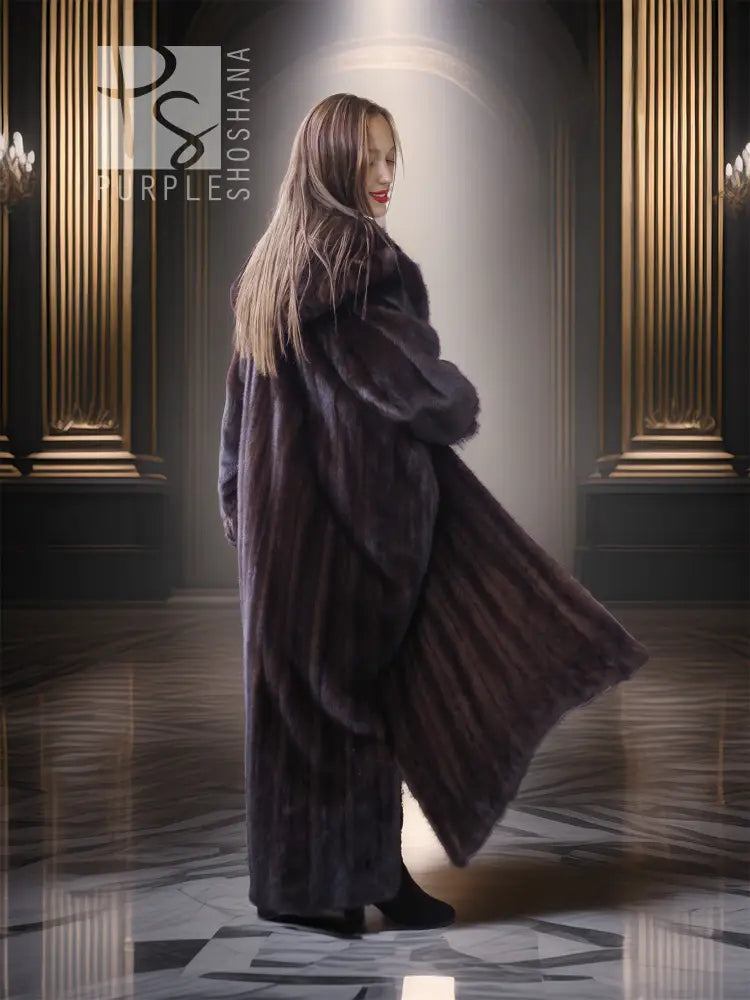 Mahogany mink fur coat, hooded collar and long sleeves, side view