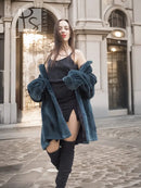Deep teal muskrat fur coat with front button and collar, open front styling, front view