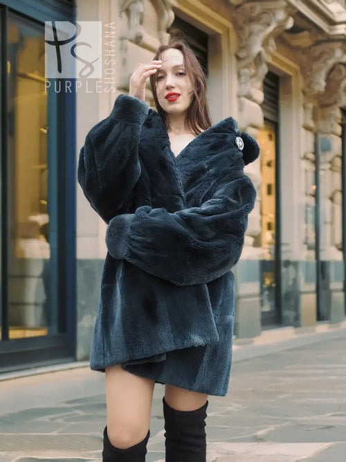 Sheared muskrat fur coat, deep teal, notched collar and long sleeves