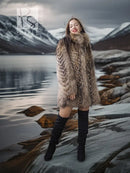 Raccoon fur jacket with voluminous collar, taupe-brown plush fur, short hem