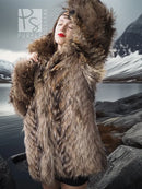 Raccoon fur jacket close-up, taupe-brown shaggy fur and oversized voluminous collar