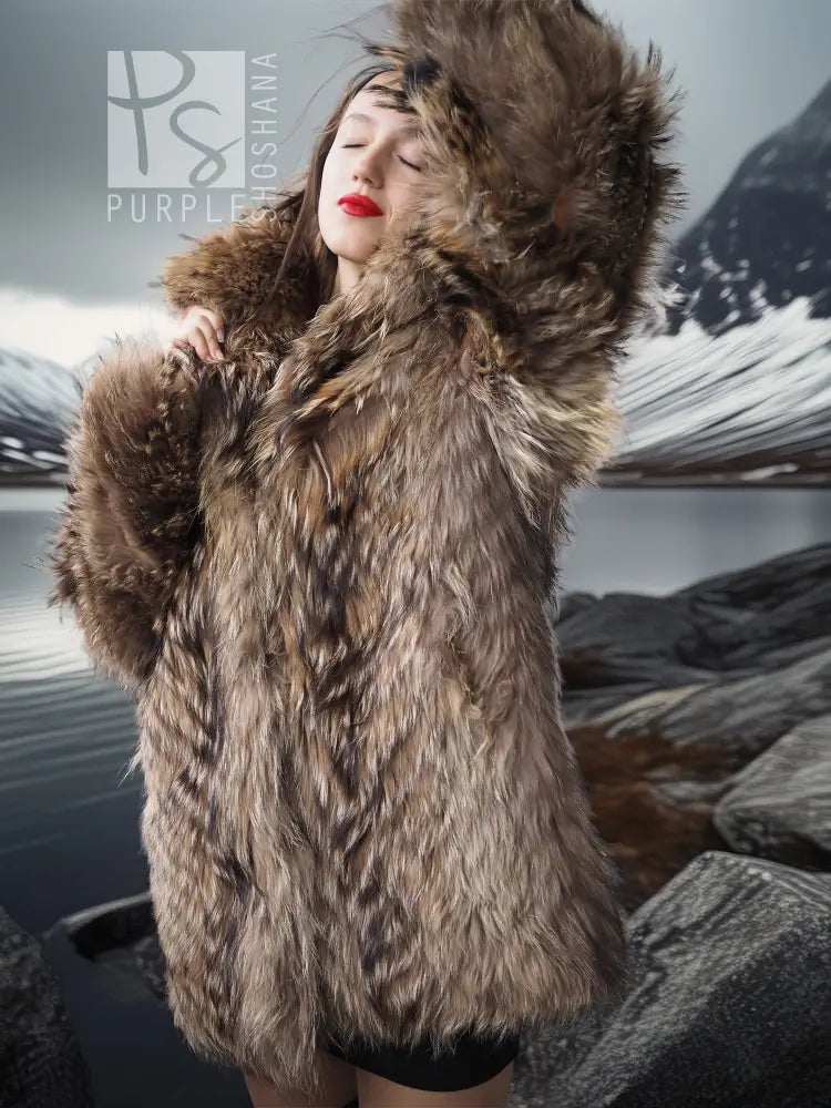 Raccoon fur jacket close-up, taupe-brown shaggy fur and oversized voluminous collar