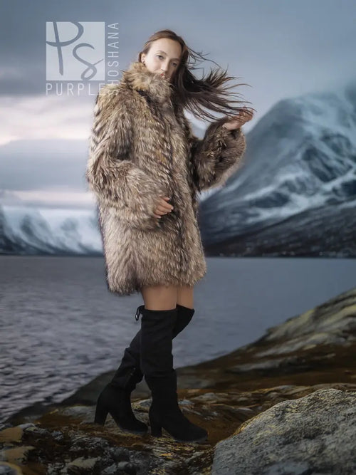 Brown raccoon fur jacket with voluminous collar, back/side view with arms down