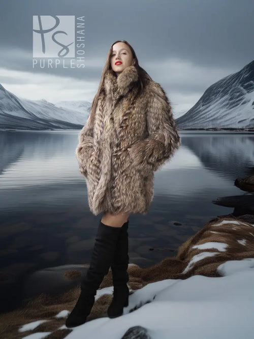 Brown raccoon fur jacket with thick, voluminous collar, full body front view