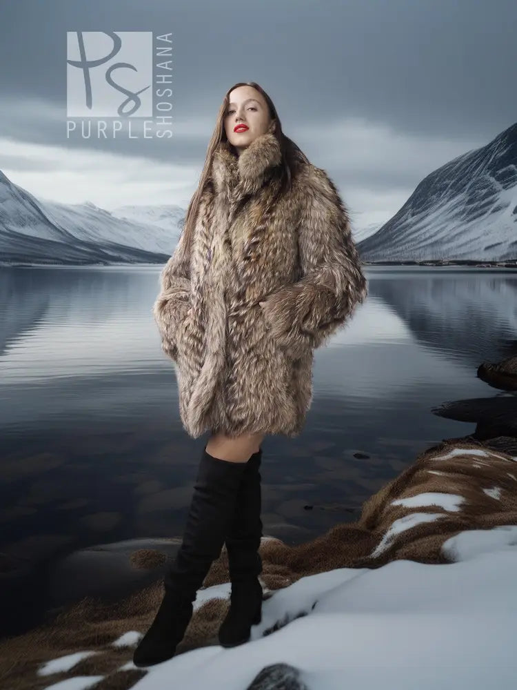 Brown raccoon fur jacket with thick, voluminous collar, full body front view