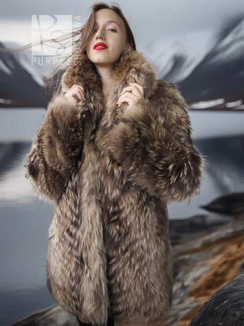 Brown raccoon fur jacket with plush texture and high collar, close-up from chest up