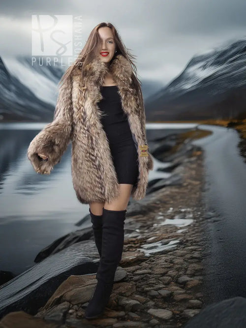 Brown raccoon fur jacket with voluminous collar, open front and long sleeves