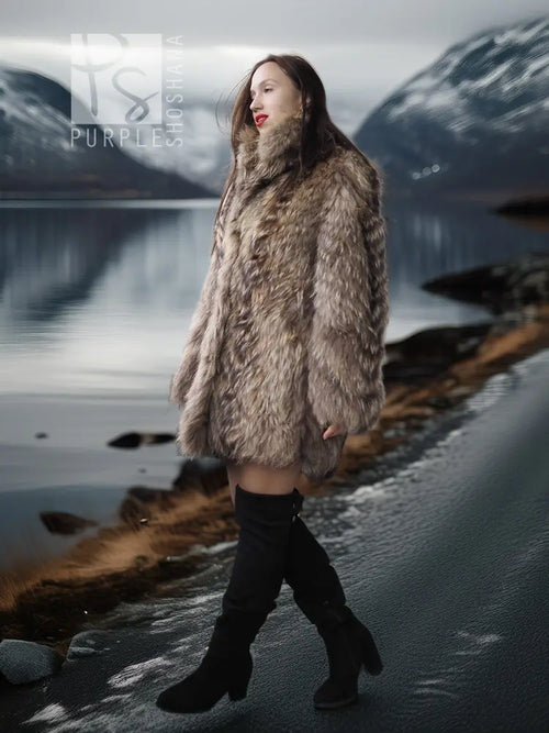 Raccoon fur jacket with voluminous collar, taupe-brown shaggy fur, long sleeves