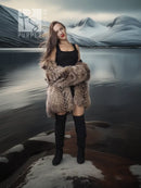 Raccoon fur jacket with voluminous collar, taupe-brown shaggy fur, front view