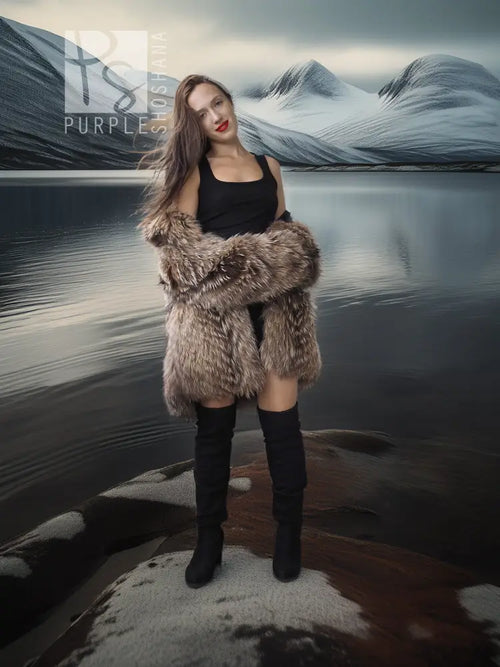 Raccoon fur jacket with voluminous collar, taupe-brown shaggy fur, front view